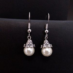 Faux Pearl Silver Tone Hook Earrings